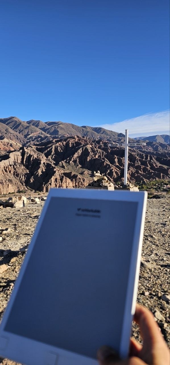 Enzo Duit reading on his reMarkable in the Quebrada de Humahuaca, Argentine Andes